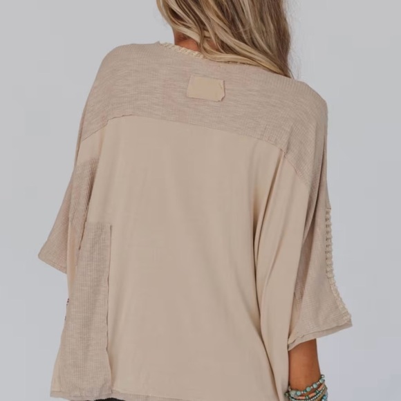 POL boutique Boho Beige Mixed-Knit V-Neck Top - Picture 2 of 6